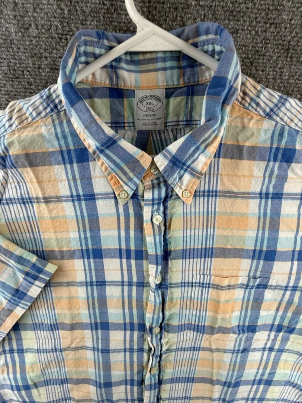 Brooks Brothers Beige Blue Plaid Button-Down 2XL Short Sleeve Regent Cotton Mens